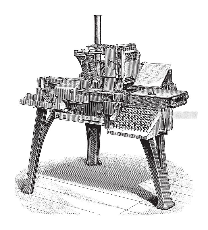 排字机和铸字机(单线机)-老式雕刻插图