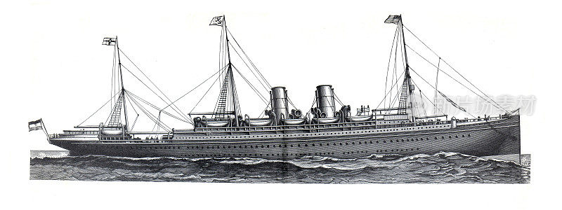 蒸汽船。轮船。手绘双螺旋桨汽船(蒸汽船)图