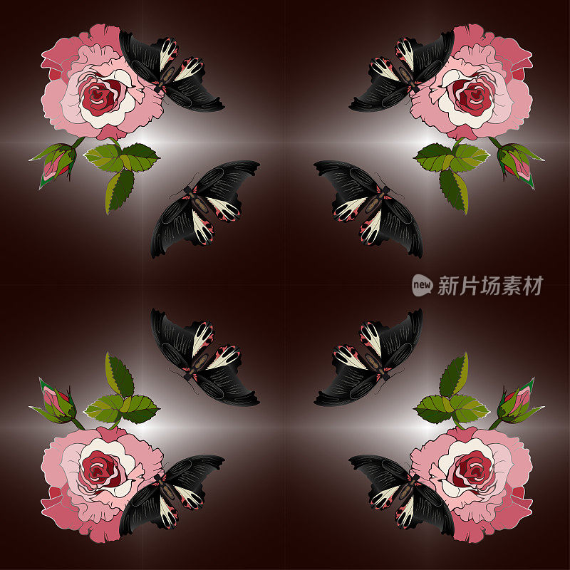 无缝模式果园燕尾蝶，特写，蝴蝶黑色与红色的点，粉红色的玫瑰花在一个深棕色的梯度背景向量插图