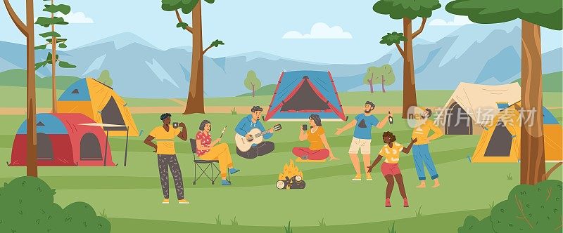 夏季森林营地或营地与跳舞的人，矢量插图。