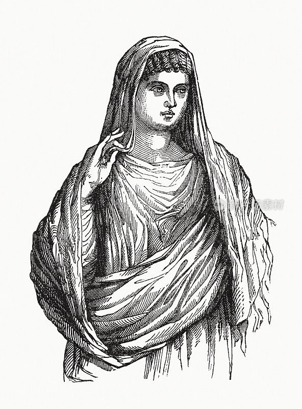 罗马女人与石碑，木刻，1862年出版