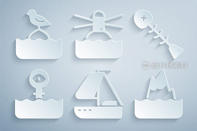 设置游艇帆船，死鱼，潜望镜，冰山，灯塔和海鸥坐在浮标图标。向量