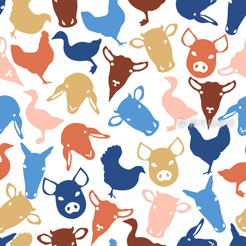 农场动物图案设计与牛，鸡，鹅，猪，绵羊，山羊和公鸡