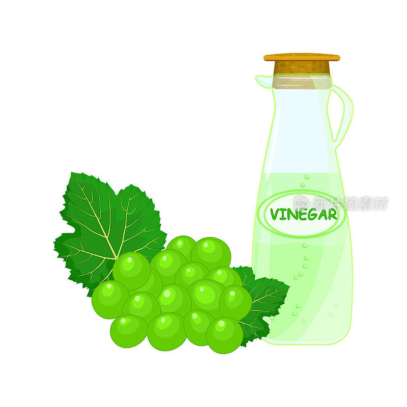 绿葡萄和一瓶醋被隔离在白底上。水果苹果醋在玻璃罐里。