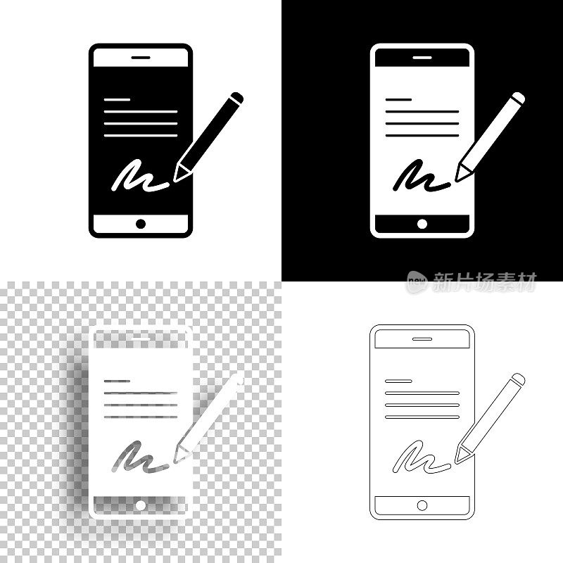 智能手机上的电子签名。图标设计。空白,白色和黑色背景-线图标