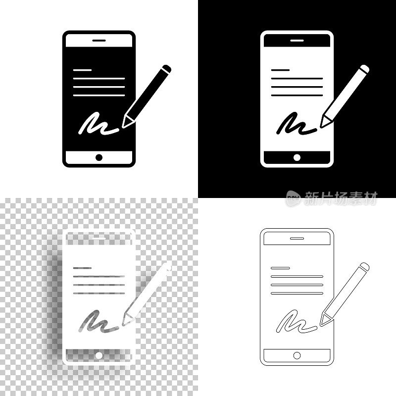 智能手机上的电子签名。图标设计。空白，白色和黑色背景-线图标