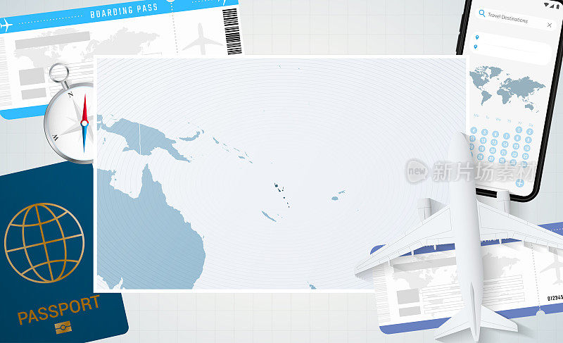 瓦努阿图之旅，插图与瓦努阿图地图。背景有飞机，手机，护照，指南针和机票。
