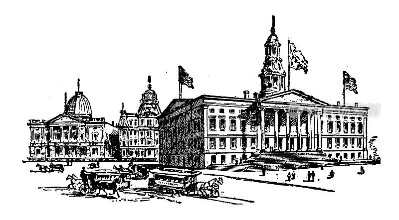 古董插图美国，纽约地标和公司:布鲁克林，市政厅和法院