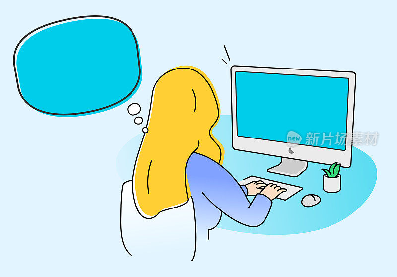 矢量卡通插图背面的一个聪明的职业妇女工作在她的电脑显示空白屏幕。在线会议概念，视频电话，电子学习，数字媒体，互联网。平面矢量插图字符。