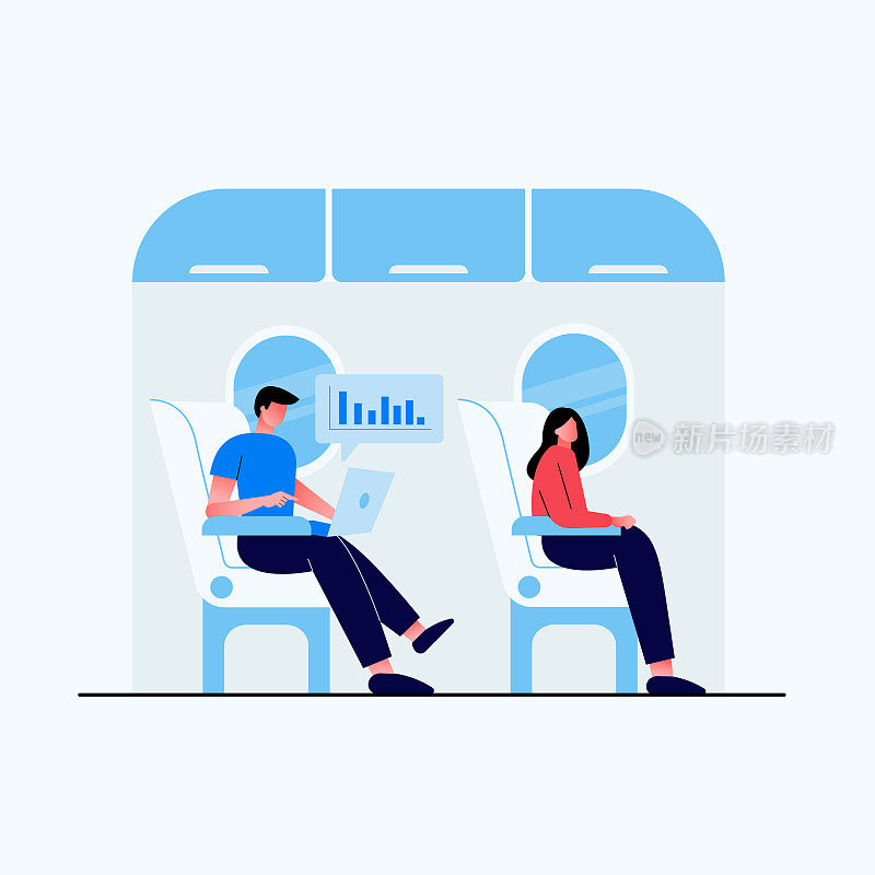 年轻人坐在飞机上在笔记本电脑上工作，女人坐在坐，乘客在飞机上，卡通平面矢量插图