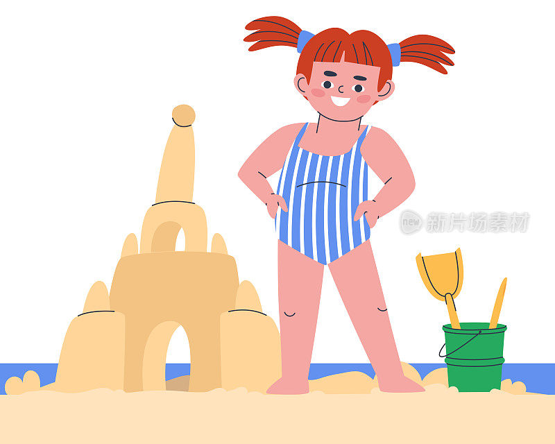 一个穿着泳衣的女孩站在沙滩上，旁边是一座沙堡。夏天沙滩上的儿童游戏。平面矢量插图的集合。