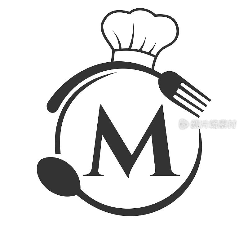 餐厅标志，餐厅标志在字母m厨师帽子，勺子和叉子餐厅符号向量模板