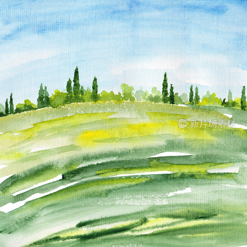 托斯卡纳的风景。夏天水彩绘画。背景与山脉。山。