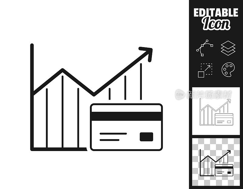 不断增长的图形与信用卡。图标设计。轻松地编辑