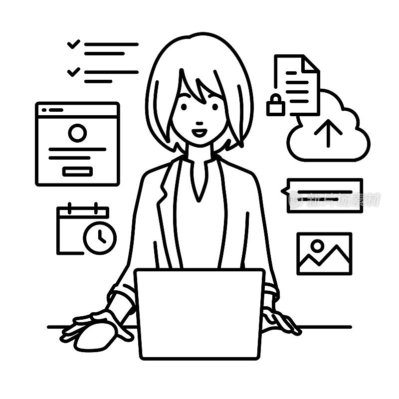 一个穿着工装外套的女人在她的办公桌上使用笔记本电脑浏览网站、进行研究、在云上共享文件、安排日程、管理项目、组织任务以及与团队沟通