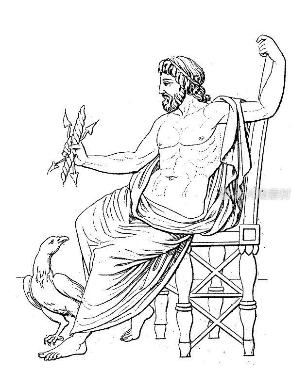 古董雕刻插画，文明:希腊罗马诸神与神话，宙斯(朱庇特)