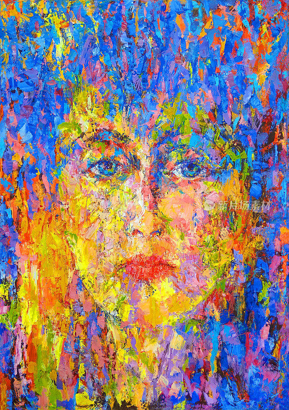 插画油画肖像的女人与飞扬的头发在明亮的背景，蓝色色调