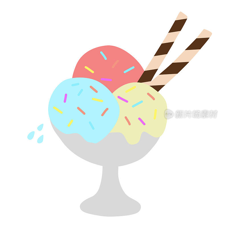 彩色的冰淇淋球在碗与彩色的洒水和威化卷，平面涂鸦矢量