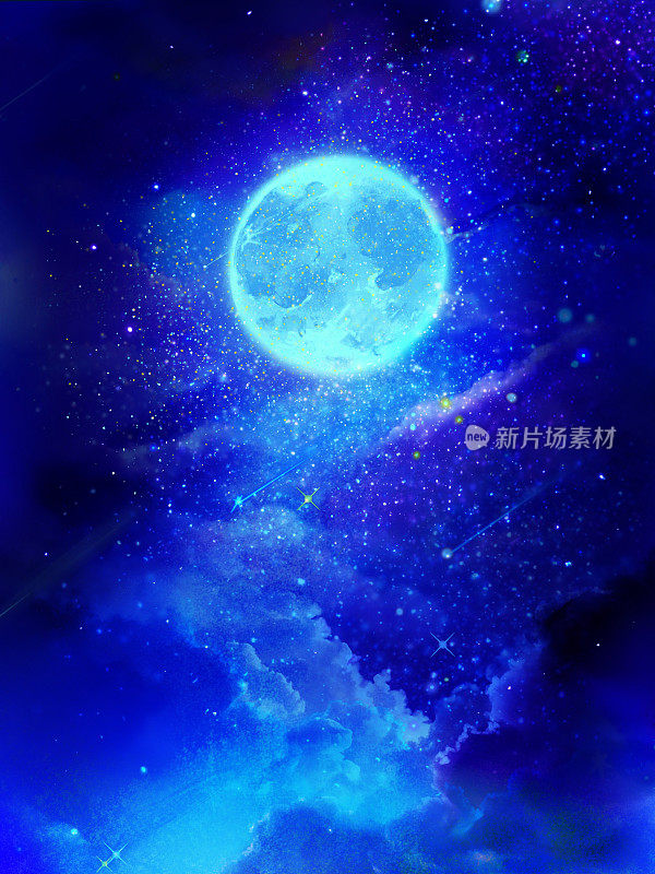 星星在太空中闪烁的幻想插图，云海和闪闪发光的蓝色满月