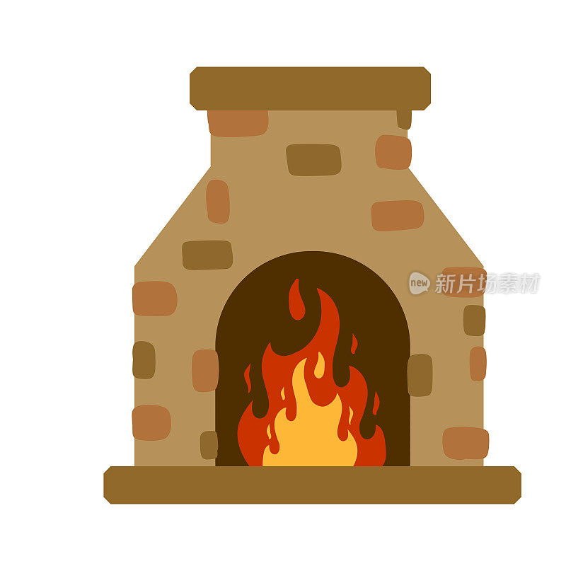 炉用火。经典的壁炉。带烟囱的质朴石烤炉。