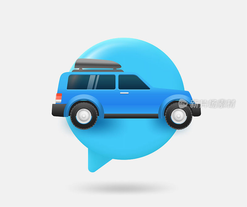 语音云与蓝色的车。汽车旅行的概念。三维矢量孤立图