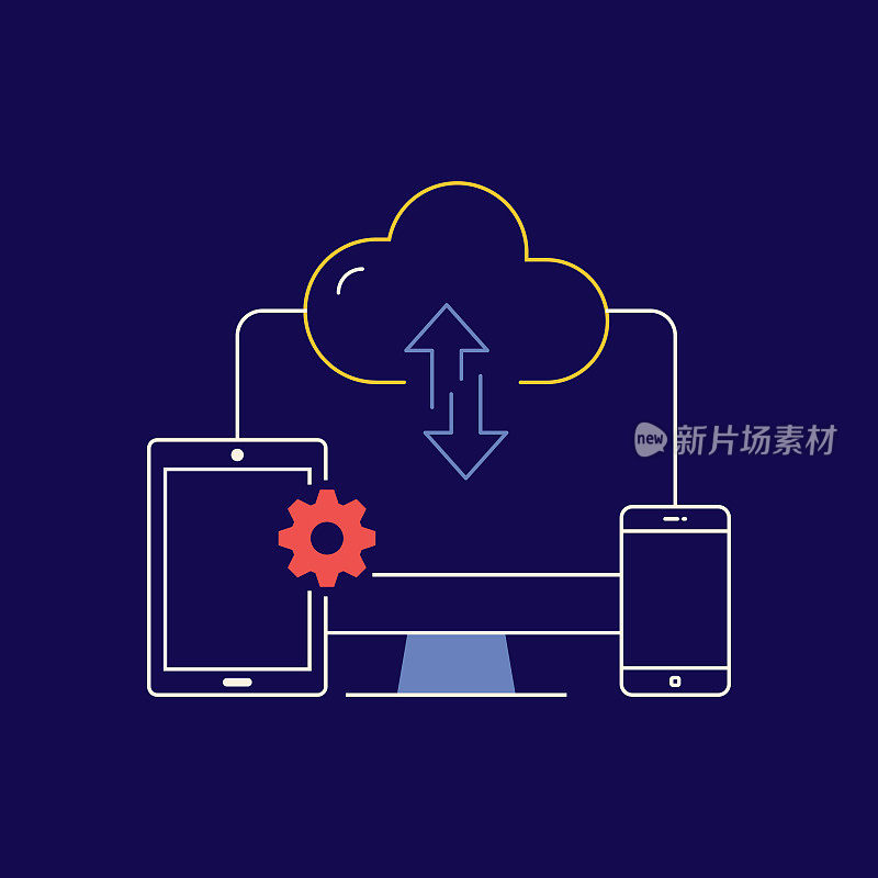 云技术相关矢量概念插图。数据，云技术，文件，同步。
