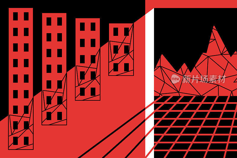 进入虚拟现实的窗口。虚拟现实与现实生活相连。黑红白矢量插图。元宇宙渗透到城市中。三角网格。