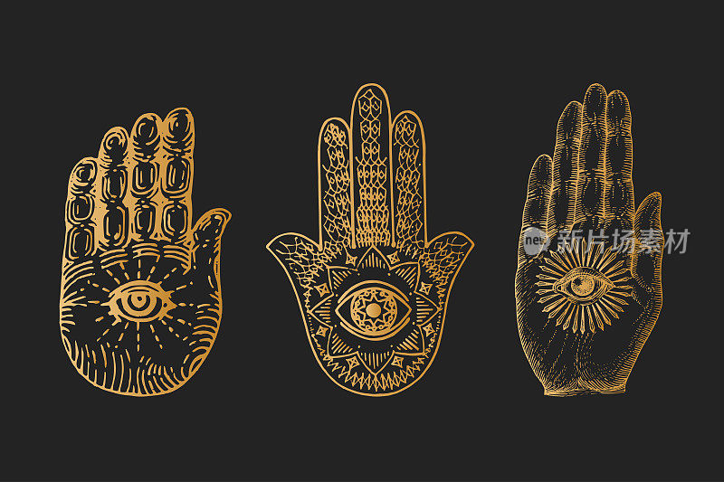 手掌上的Hamsa和上帝之眼，雕刻风格的矢量插图。魔法和神秘符号的经典拼贴。绘制神秘符号草图。