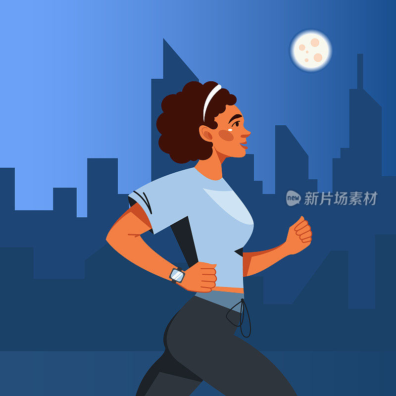 一名非洲裔美国妇女在夜城的背景下奔跑。矢量图