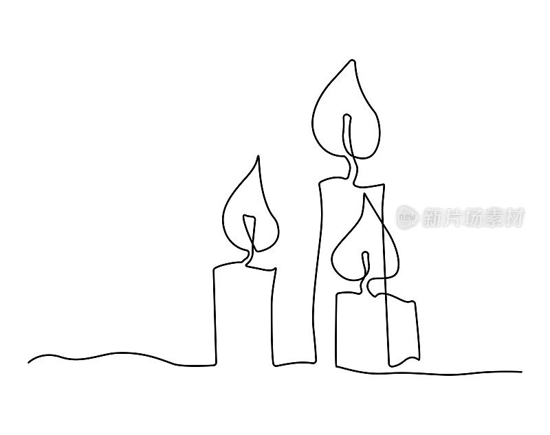 燃烧的蜡烛。圣诞装饰。这是一个浪漫夜晚的特征。烛光占卜。连续画线。矢量图