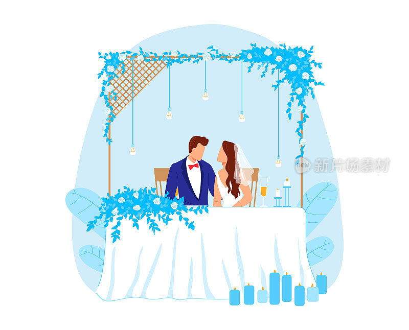 新郎新娘桌，婚礼庆典设计，矢量插画。爱情婚礼的浪漫装饰。幸福的已婚人士