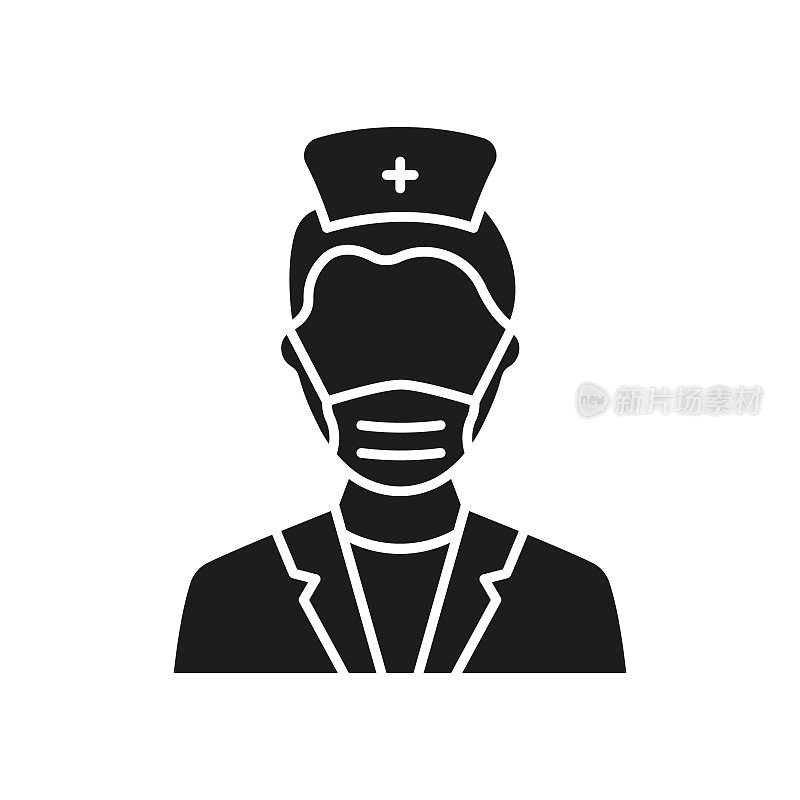 外科医生男人医生剪影图标。整形外科专家医用口罩象形文字黑色象形文字。医院Icon的专业外科医生员工。孤立矢量图
