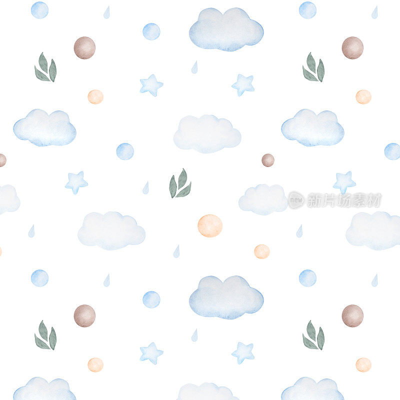 水彩无缝模式与云，球，叶子，水滴和星星在蓝色的白色背景