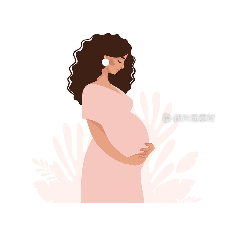 美丽的孕妇，妈妈正在等待婴儿的出生，一张平面插画在树叶的背景上。母婴卡通设计，现代矢量插画。