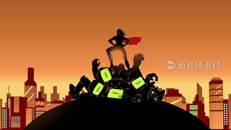 矢量女超级英雄站在一堆被打败的邪恶机器人剪影在城市股票插图
