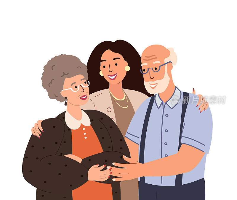 一家人互相扶持、拥抱的幸福画像。成年女子拥抱被隔离在白色背景上的成熟父母或祖父母。父母用孩子感受爱。平面风格的矢量插图。