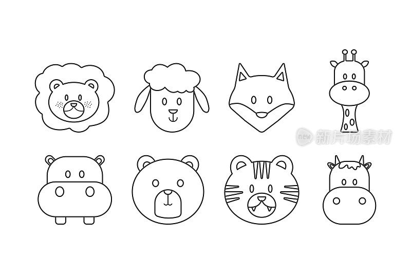 动物卡通面孔的手绘风格的着色。矢量动物卡通人物插图关于狮子，羊，狐狸，长颈鹿，河马，熊，老虎和牛。