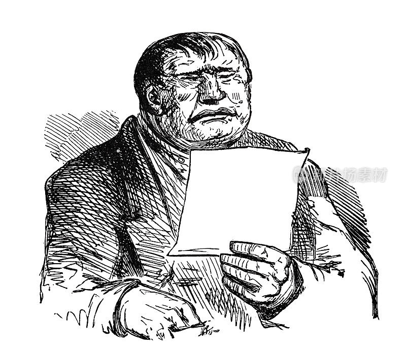 一个人带着悲伤的、不相信的、牢骚满腹的脸在读一份文件