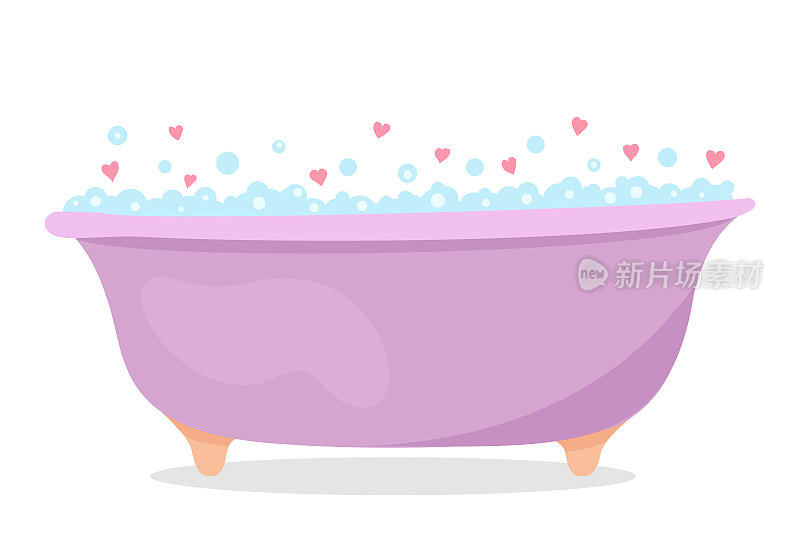 这是对你身体的爱。浴缸里充满了泡沫，可以放松和护理身体。自助。卡通矢量插图。