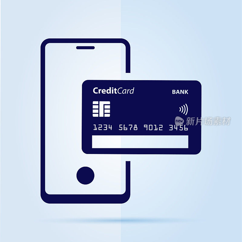网上购物图标，非接触式支付，智能手机和信用卡。
图标是蓝色背景。