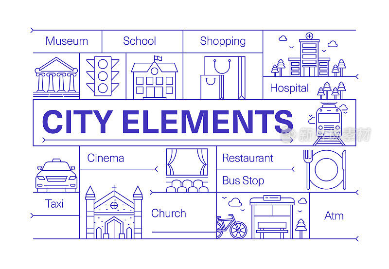 城市元素线图标集和横幅设计