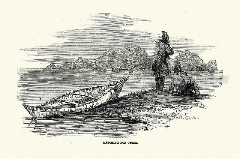 猎人看着水獭，千岛的圣劳伦斯，加拿大，19世纪50年代，狩猎的历史