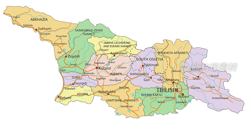 格鲁吉亚-高度详细的可编辑的政治地图与标签。