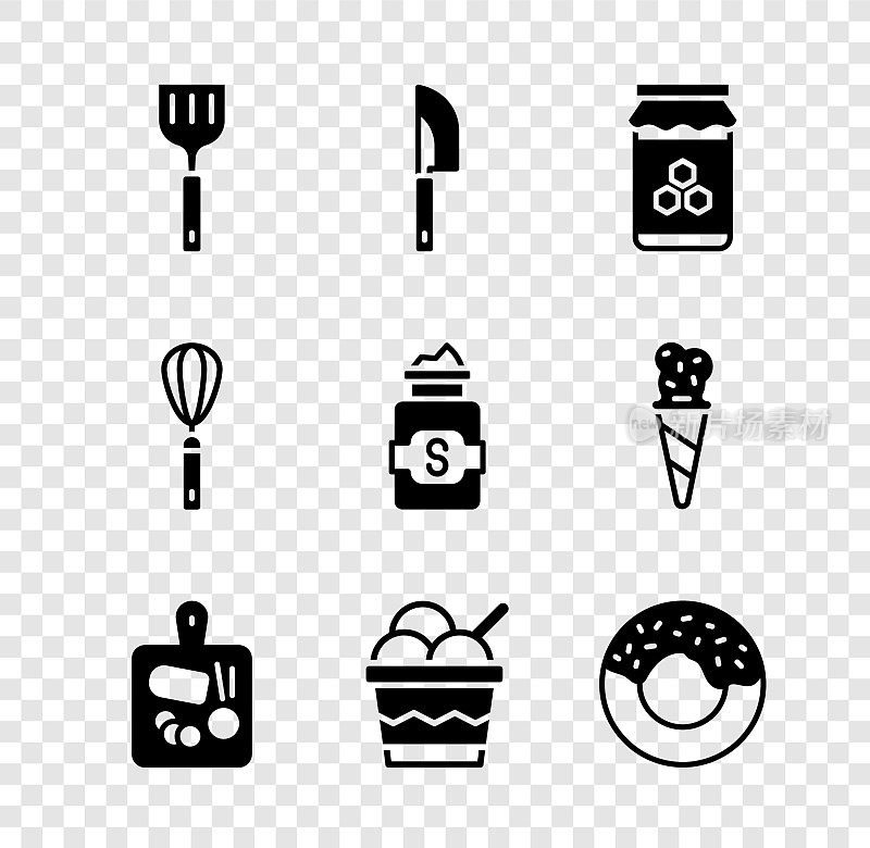 设置锅铲，刀，罐蜂蜜，切菜板，冰淇淋碗，甜甜圈，厨房搅拌器和糖图标。向量