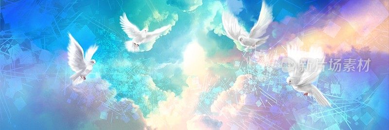 奇妙的幻想背景宽尺寸的白鸽插图，象征着和平，在云海周围飞行，天上的光照耀着它们。