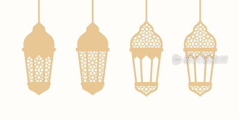 一套豪华的金色阿拉伯灯笼与伊斯兰图案。金色的灯笼，灯线图标。阿拉伯设计元素。伊斯兰教的装饰。问候花环。穆斯林的节日。矢量插图。