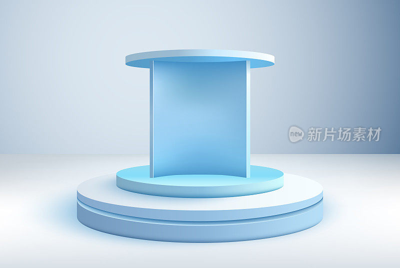 现实的蓝色圆柱底座。抽象的最小场景用于产品展示、广告展示。矢量几何形状。