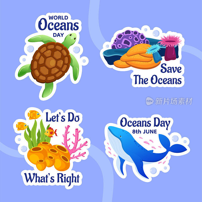世界海洋日标签平面卡通手绘模板背景插图