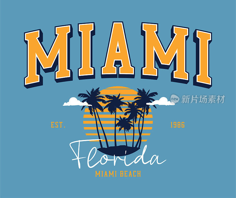 佛罗里达州迈阿密的t恤设计有棕榈树和太阳。迈阿密海滩学院风格的口号印刷。t恤及服装印花设计。向量。
