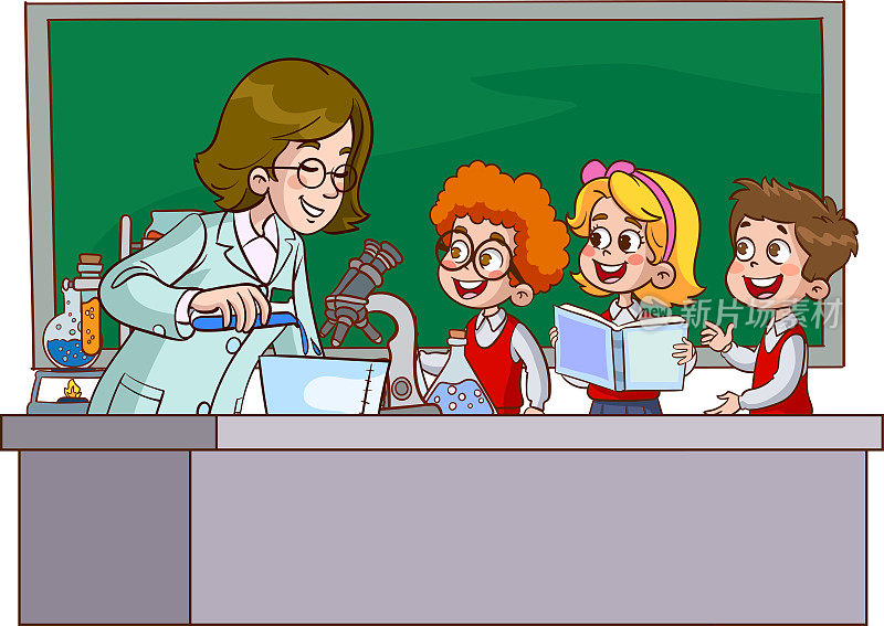 化学课讲课的矢量图。卡通学生和老师在实验室做研究。